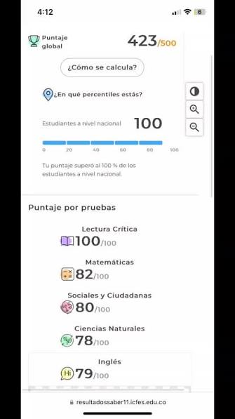 Resultado ICFES de un estudiante de Grupo500